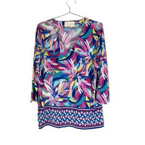 Pappagallo Slinky Knit Pink Blue Abstract Floral Top PXL